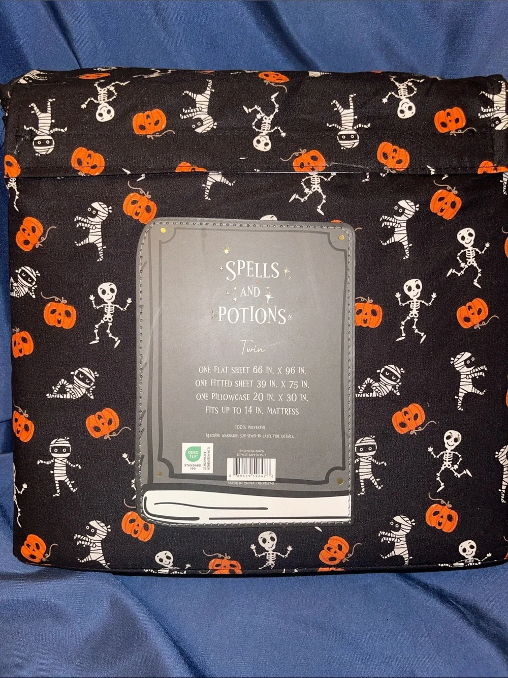 Halloween Skeleton, Mummy & Pumpkin Twin Sheet Set - Black & Orange